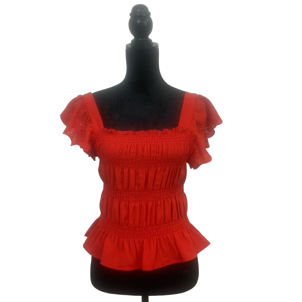 Sunburst Kiss Women M Croquette Cherry Red Ruffle Eyelet Flutter Sleeves Top